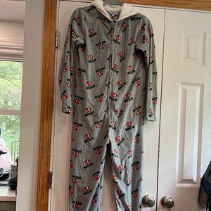 adult small onesie, open feet, sports themed